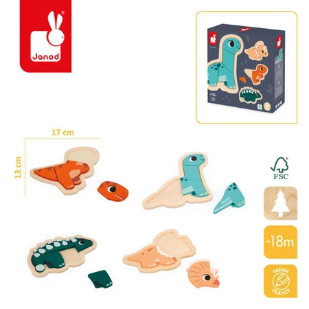 Janod Puzzle progresywne drewniane Dinozaury 4 układanki – 2, 3, 4 i 5 elementów 18 m+