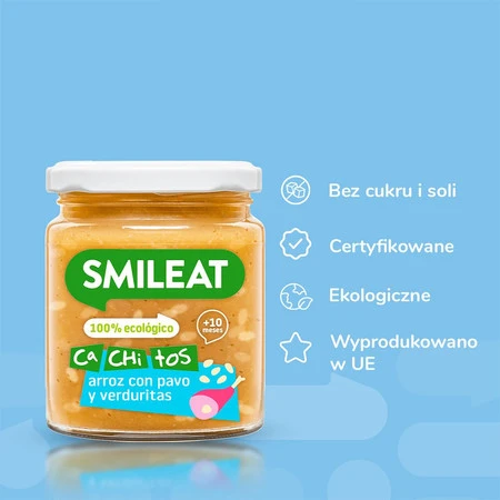 Smileat, BIO Słoiczek z ryżem i indykiem z warzywami, małe kawałki 10m+, 230g