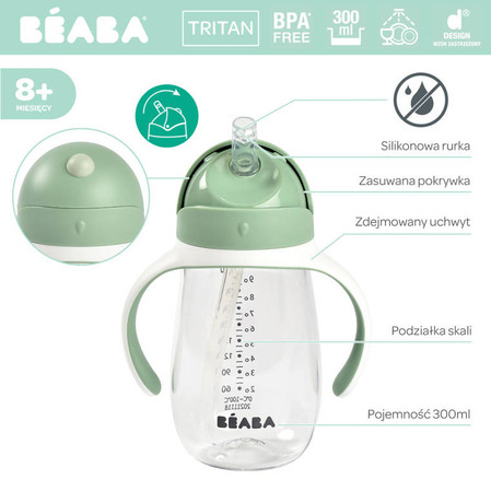 Beaba Bidon niekapek ze słomką tritanowy 300 ml Sage green