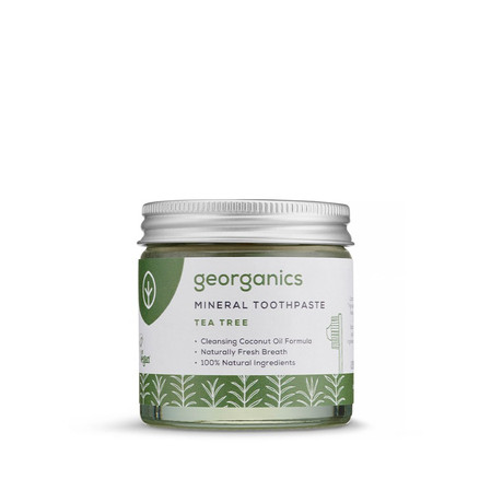 Georganics, Mineralna pasta do zębów w słoiku, bez fluoru, do codziennej pielęgnacji, smak drzewa herbacianego, 60 ml