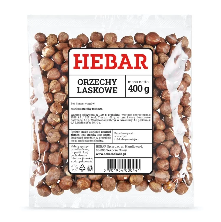Hebar Orzechy laskowe łusk. 400 g - Nabea.pl
