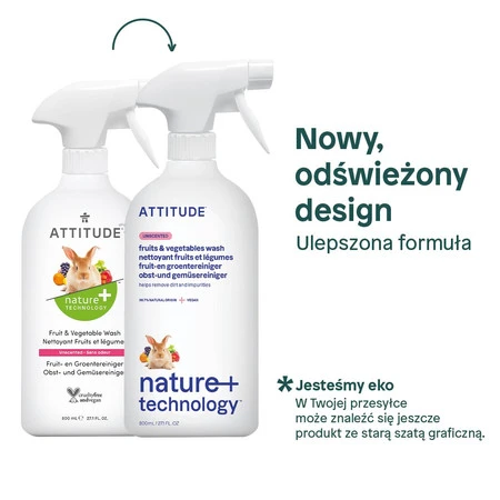 Attitude NATURE+, Bezzapachowy spray do mycia owoców i warzyw, 800 ml