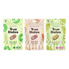 Zestaw smaków: 1x True Dates Sour Apple daktyle o smaku kwaśnego jabłka 100g, 1x True Dates Sour Cola daktyle o smaku coli 100g i 1x True Dates Pistachio Cream daktyle o smaku kremu pistacjowego 100g 