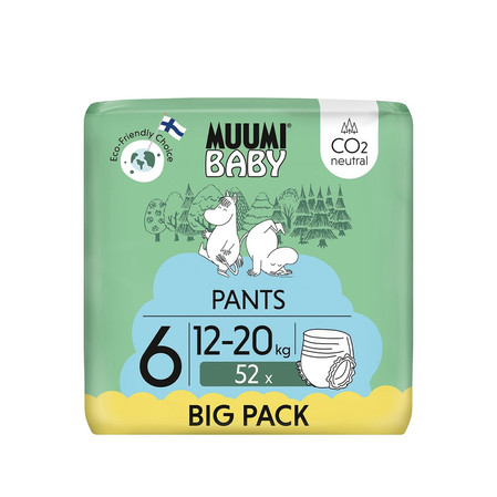 Muumi Baby, Pieluchomajtki ekologiczne dla dzieci, rozmiar 6 (12-20 kg), 52 szt.