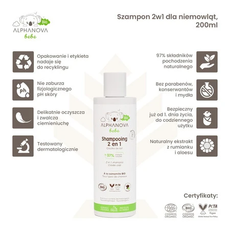 Alphanova Bebe Bio, Delikatny Szampon 2 w 1 dla niemowląt, 200ml