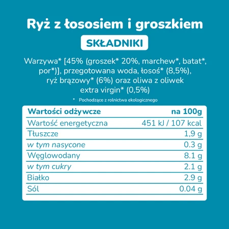 Smileat, BIO Słoiczek z groszkiem i łososiem, małe kawałki 10m+, 230g