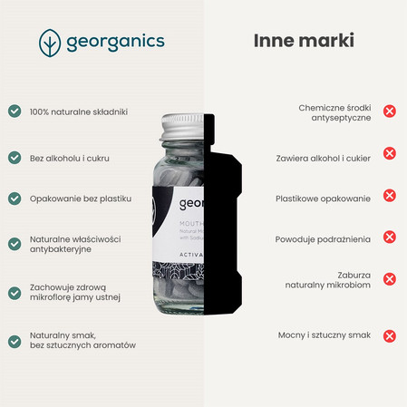 Georganics, Naturalne tabletki do płukania jamy ustnej, do codziennej pielęgnacji, z aktywnym węglem, 180 tabletek