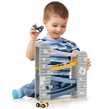 Viga Toys − PolarB, kolorowa drewniana zjeżdżalnia dla samochodzików 