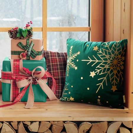 świąteczna poszewka welwetowa z ozdobnym nadrukiem foliowym szerokość: 45 cm, długość: 45 cm, kolor: ciemnozielony