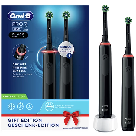 ORAL-B BRAUN SZCZOTECZKA ELEKTRYCZNA PRO3 3900 BLACK 2-pack D505.523.3H (2x rączka, 2x koń.CA, ładowarka)