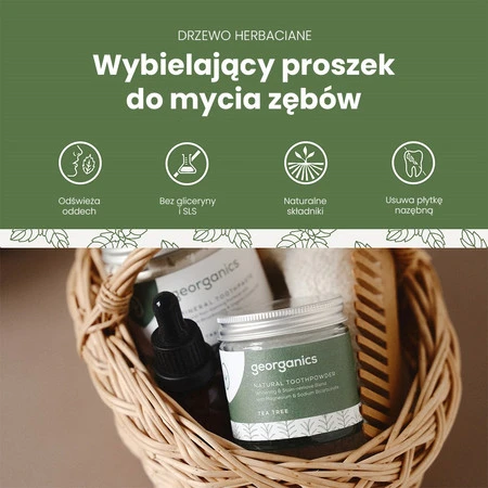 Georganics, Mineralny proszek do mycia zębów, z naturalnym składem, do codziennej pielęgnacji, smak drzewa herbacianego, 60 ml