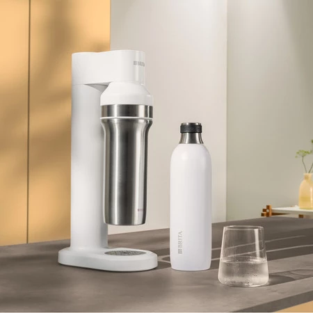 Brita Soda TRIO - Saturator - system nagazowywania wody biały + cylinder BRITA CO₂ + butelka szklana 0,84l + butelka stalowa 0,5l