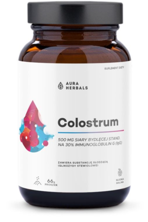 Aura Herbals Colostrum 500 mg wsparcie układu odpornościowego 66g smak słodka malina