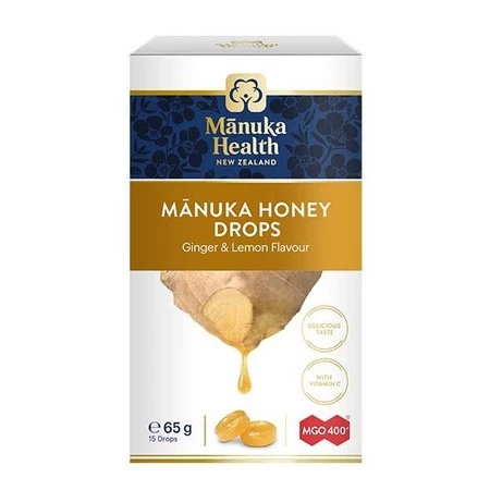 MANUKA HEALTH Cukierki z Miodem Manuka MGO™ 400+ i witaminą C - smak imbirowo-cytrynowy (65 g)