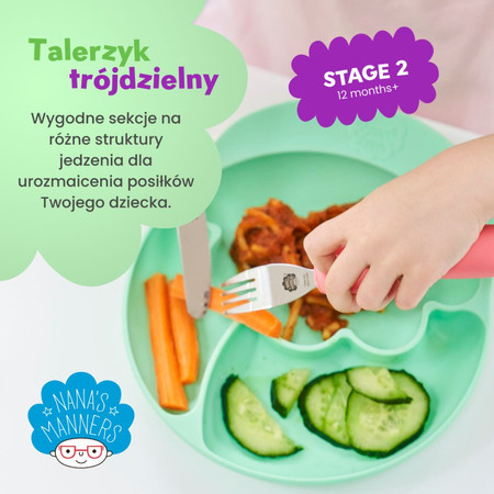 Nana's Manners, ETAP 2, Talerz silikonowy trójdzielny z przyssawką, zielony