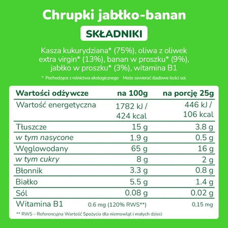 Smileat, BIO Smilitos, Chrupki kukurydziane o smaku jabłka i banana 8m+, 25g