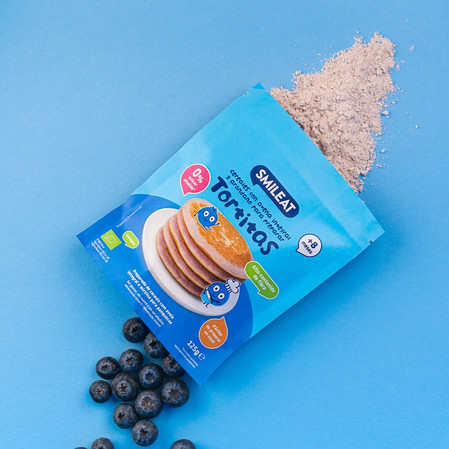 Smileat, BIO Tortitas, Mieszanka z pełnoziarnistych płatków owsianych i jagód do naleśników , +8m, 125g