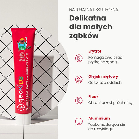 Georganics, GeoKids, Naturalna pasta do zębów dla dzieci, z Hydroksyapatytem i Fluorem, Smak truskawkowy, 3+, 75 ml
