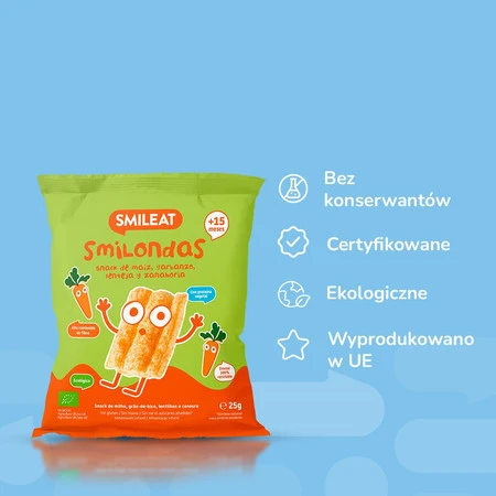 Smileat, BIO Smilondas, Chrupki z ciecierzycy, kukurydzy i soczewicy, marchewkowe 15m+, 25 g
