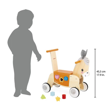 Janod Jeździk i pchacz 2w1 z sorterem kształtów Osiołek Farma 12m+; one size