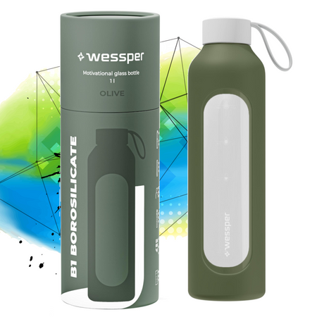 Wessper Butelka motywacyjna szklana z silikonem BOROSILICATE oliwkowa 1000 ml