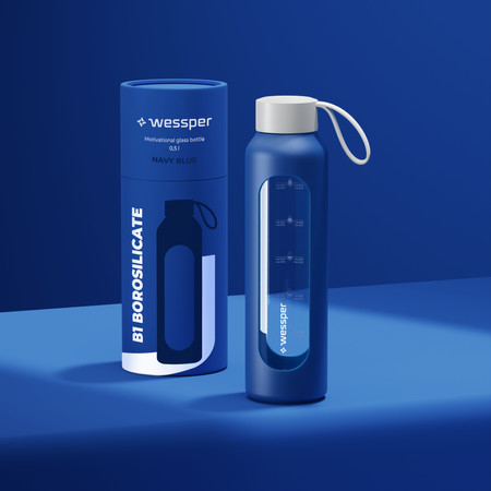 Wessper Butelka na wodę szklana motywacyjna z miarką BOROSILICATE granatowa 500 ml