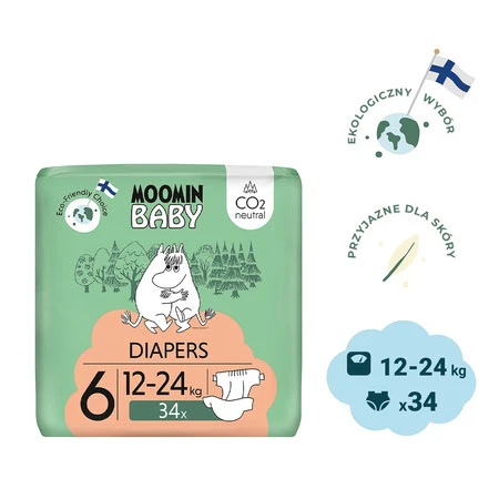 MOOMIN Baby, Pieluszki 6 JUNIOR (12-24kg), 34 szt. EKO