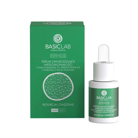 BasicLab Esteticus - Serum zmniejszające niedoskonałości z Niacynamidem 5%, Prebiotykiem 5% i filtratem wody ryżowej 15 ml NOWOŚĆ