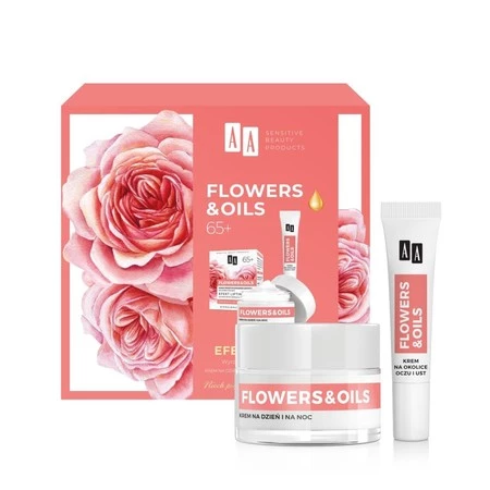 Flowers&amp;Oils 65+ Efekt Liftingu zestaw krem przeciwzmarszczkowy na dzień i na noc 50ml + krem przeciwzmarszczkowy na okolice oczu i ust 15ml