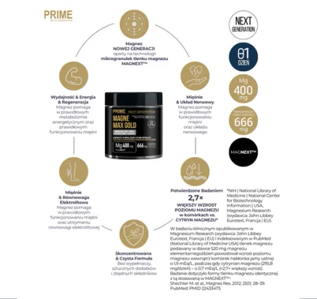 Prime Next Generation MAGNEZ 400 mg na zmęczenie, mięśnie i układ nerwowy MAGNE MAX GOLD MAGNEXT™ 90 kaps. 90 dni stosowania