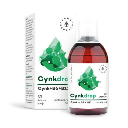 Aura Herbals − Cynkdrop, cynk z witaminami B6 i B12 w płynie − 500 ml