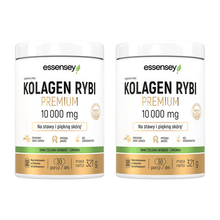  Zestaw 2x Essensey Kollagen Rybi 10000 mg na stawy, włosy z kwasem hialuronowym 321g smak zielona herbata
