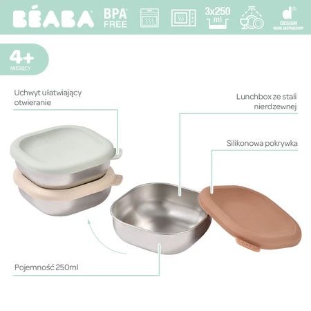 Beaba Pojemnik na jedzenie ze stali nierdzewnej z silikonową pokrywką 3 szt. Natural set