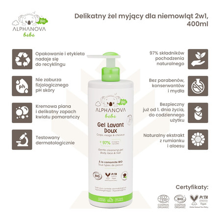 Alphanova Bebe Bio, Delikatny żel myjący dla niemowląt 2 w 1, 400ml