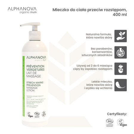 Alphanova Organic Mum, Mleczko do ciała wspierające elastyczność i nawilżenie, 400 ml