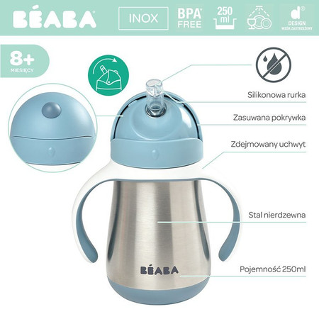 BEABA Bidon niekapek ze słomką termiczny 250 ml Windy Blue