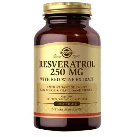 SOLGAR Resveratrol 250 mg with Red Wine Extract - Resweratrol 250 mg oraz wyciąg z czerwonego wina 60 kaps.