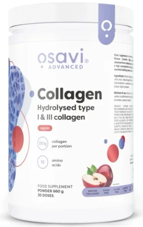 Osavi Kolagen Hydrolizowany Typu I & III na wsparcie skóry, kości i ścięgien 660g smak jabłko