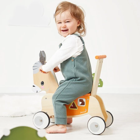 Janod Jeździk i pchacz 2w1 z sorterem kształtów Osiołek Farma 12m+; one size