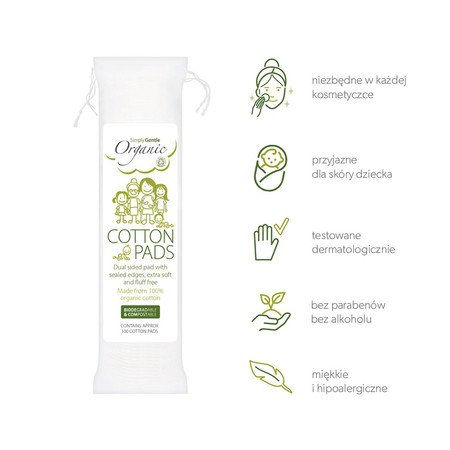 Simply Gentle, Waciki kosmetyczne w płatkach, 100% bawełna organiczna, 100 szt.