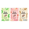 Zestaw mix: 1x True Dates Sour Apple daktyle o smaku kwaśnego jabłka 100g, 1x True Dates Sweet Peach daktyle o smaku słodkiej brzoskwini 100g i 1x True Dates Cookie Dough daktyle o smaku ciasteczkowym 100g