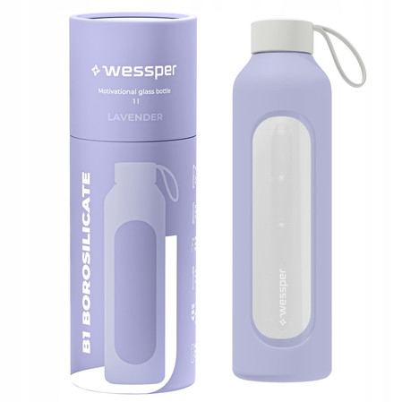 Wessper Butelka na wodę szklana motywacyjna z miarką BOROSILICATE lawendowa 1000 ml