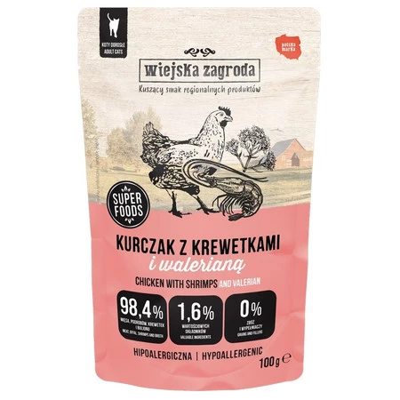 Zestaw 12x Wiejska Zagroda Kurczak z krewetkami i walerianą - mokra karma dla kota - 100g