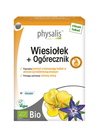 Physalis Evening Primrose + Borage Wiesiołek + Ogórecznik na wspracie zdrowia kobiet BIO 60 kaps.