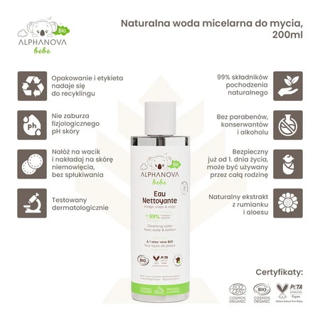 Alphanova Bebe Bio, Naturalna Woda Micelarna do mycia, 200ml