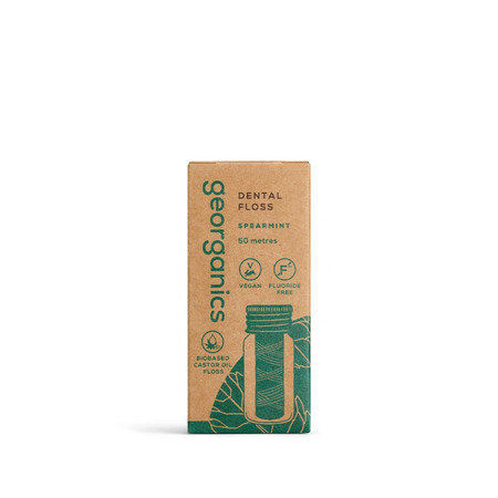 Georganics, Naturalna nić dentystyczna w szklanym opakowaniu Zero Waste, do codziennej pielęgnacji, smak zielonej mięty, 50 m