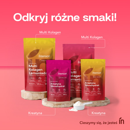 Zestaw Intenson: 1x Multi Kolagen Lemoniada Witamina C, Kwas Hialuronowy o smaku truskawka 220g i 1x Kreatyna Monohydrat smak truskawka-arbuz 260g