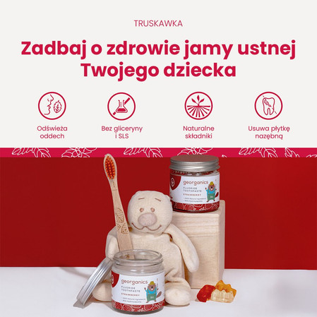Georganics, Naturalna pasta do zębów w słoiku, dla dzieci, z fluorem, do codziennej pielęgnacji, smak truskawkowy, 3+, 60 ml