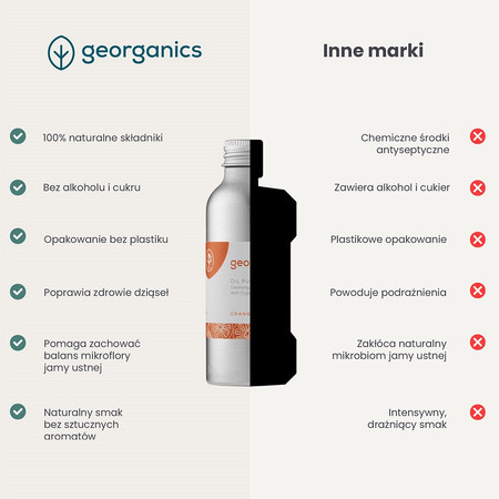 Georganics, Olej do płukania jamy ustnej, z naturalnym składem, do codziennej pielęgnacji, smak pomarańczowy, 100 ml