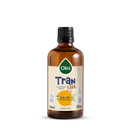 Olini Tran naturalny aromat pomarańczowy, omega-3 kwasy tłuszczowe DHA i EPA oraz witaminy A i D 100 ml smak pomarańcza